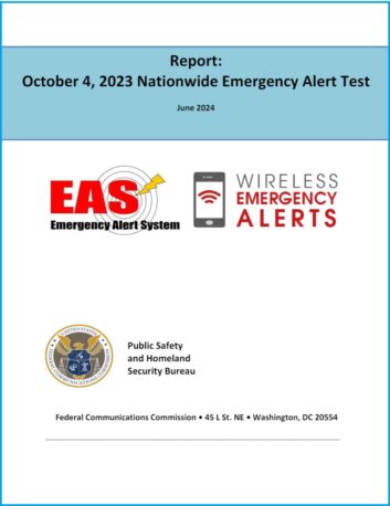 Cover of FCC Report on the 2023 Nationwide Test of the EAS and WEA Systems, with logos for EAS, WEA and the FCC