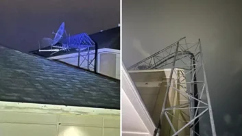 A 75-foot metal tower is shown in two nighttime views, side by side. The tower is on the roof of a building and is partially destroyed.