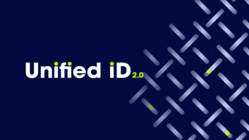 The words Unified ID2.0 in white letters against a blue background, with a stylized logo to the right suggestive of the windscreen on a microphone