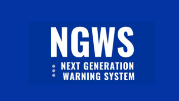 Logo of the Next Generation Warning System, with the name NGWS in large white letters on a blue background, and the full name of the program below it in smaller letters