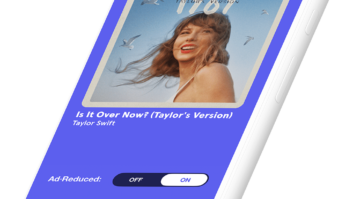 the Auddia app is shown running on a smartphone screen, with an image of Taylor Swift