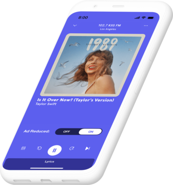 The Auddia app is displayed on a smartphone screen, with a picture of Taylor Swift