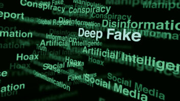 A visual representation of deep fake and disinformation concepts, featuring various related keywords in green on a dark background, symbolizing the spread of false information and the impact of artificial intelligence.