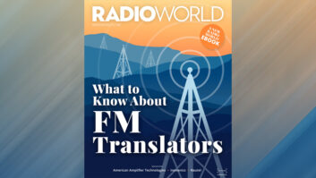 The cover of a Radio World ebook with a conceptual image of a radio tower retransmitting a signal with mountains and other towers visible in the background