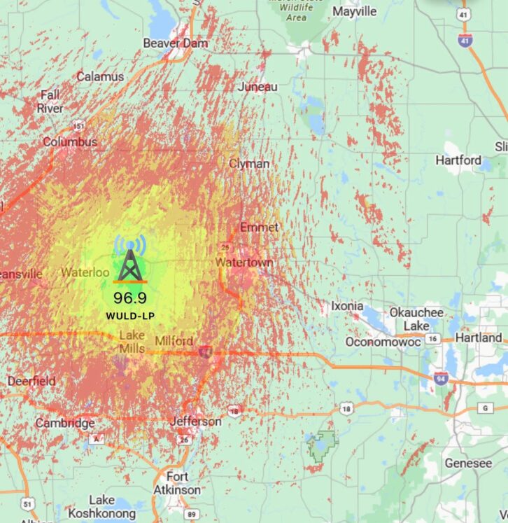 96.9 WULD(LP)'s Longley-Rice coverage area depicted, from the RadioLand app