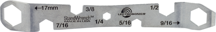 A screwdriver tip and multiple wrench sockets make the Lectrosonics StandWrench a nice addition to any toolbox.