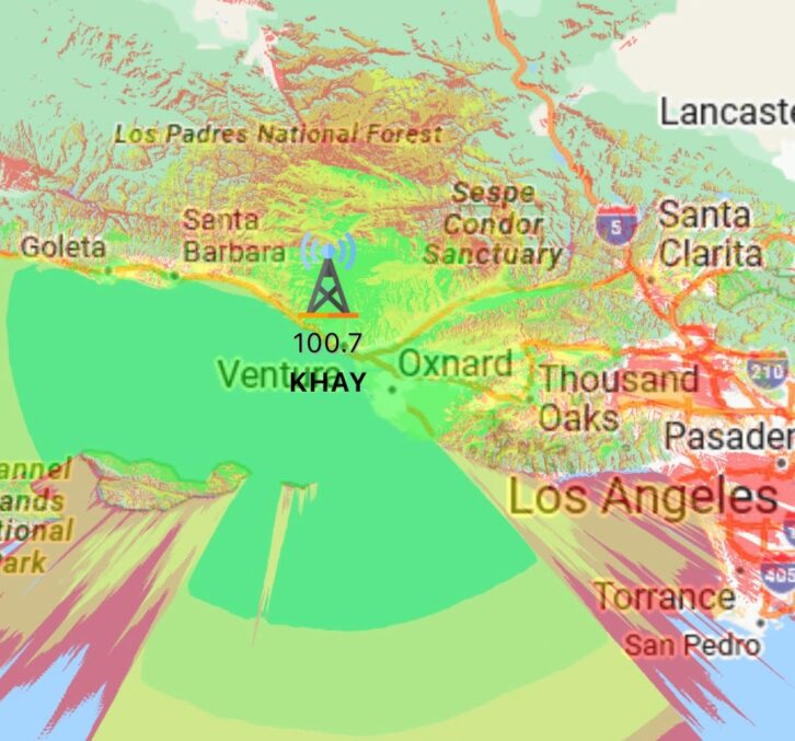 The Longley-Rice projected coverage area of 100.7 KHAY(FM), from the RadioLand app.