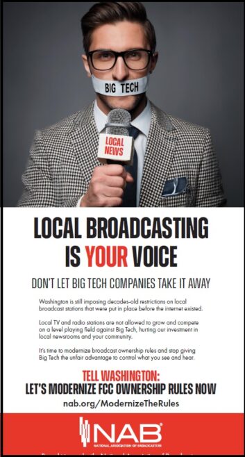 An advertisement showing a man holding a news microphone but with tape across his mouth. The tape has the words Big Tech written on it.