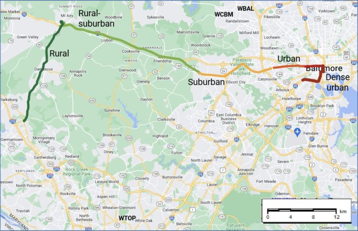 Route map starting in Germantown, Maryland, to Mt. Airy, and then east toward Baltimore. Colors indicate the five general environment types.